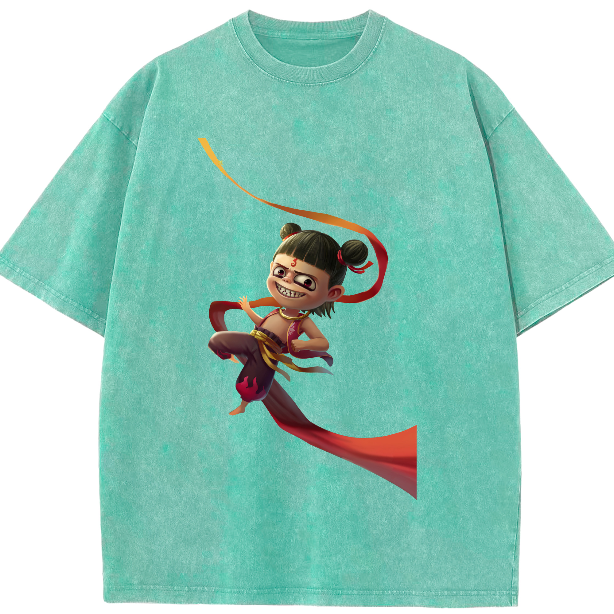 （画像用） Ne Zha 2 ナタ 魔童の大暴れ 綿100% ヴィンテージ風 半袖Tシャツ（フロントプリント）
